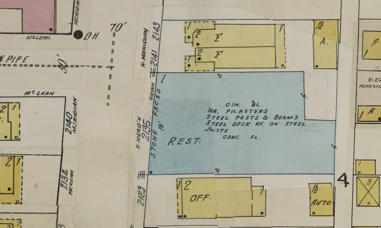 A Sanborn Fire Insurance Map shows a stone faced cinder block building at 2135 N. Meridian Street.