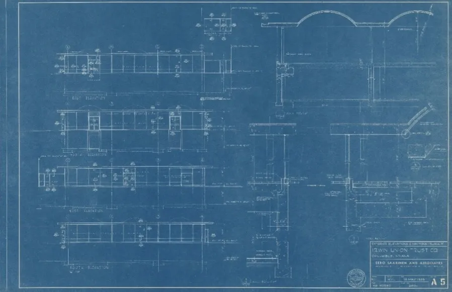 A blueprint showing elevation and section drawings of the Irwin Union Bank Building in Columbus