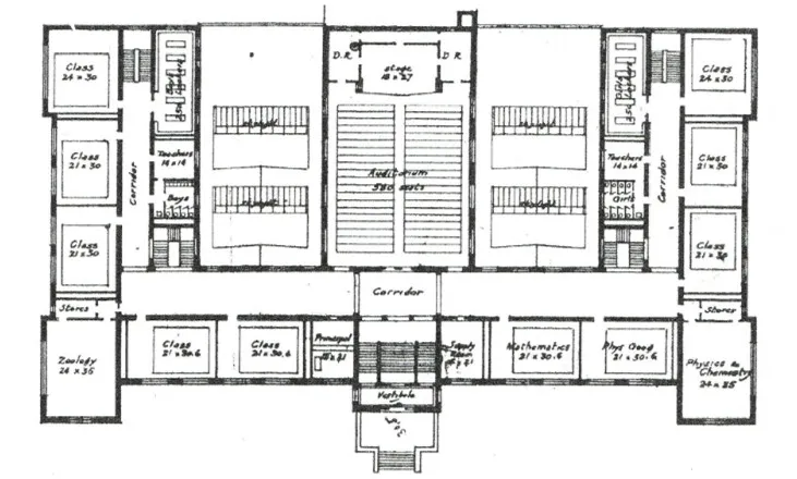 A plan drawing of first floor of Emerson School