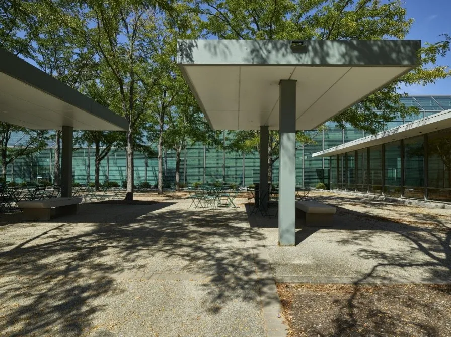 Drive-Through Canopies are surrounded by lush trees at the Irwin Union Trust Building in Columbus