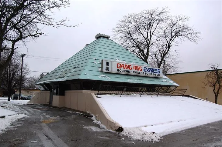 A former Peoples Trust Bank in Fort Wayne features a pyramidal roof and now is occupied by a Chinese Restaurant