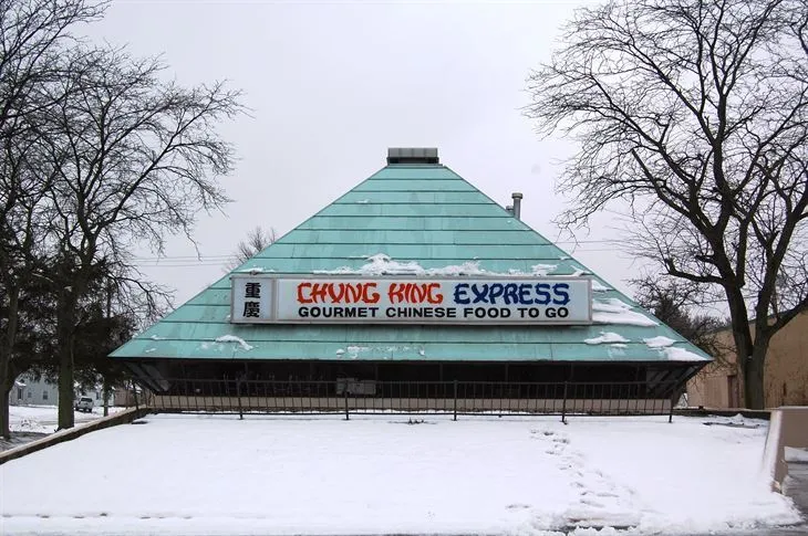 A former Peoples Trust Bank in Fort Wayne features a pyramidal roof and now is occupied by a Chinese Restaurant