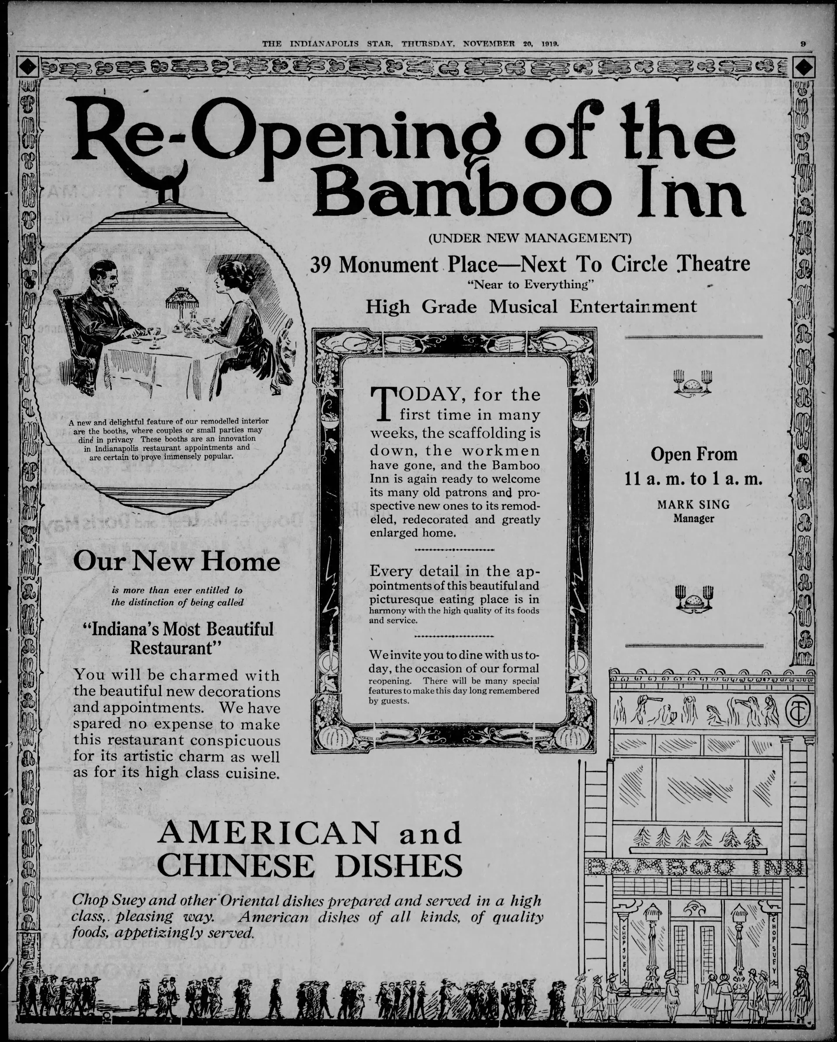 A newspaper advertisement for the Re-Opening of the Bamboo Inn, showing illustrations of a couple at a table and a drawing of the front facade of the restaurant.