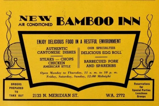 An advertisement for the NEW air conditioned BAMBOO INN at 2133 N. Meridian Street indicates Enjoy Delicious Food in a Restful Environment - Authentic Cantonese Dishes - Steaks, Chops, Chicken, American Style - Our Specialties Delicious Egg Roll - Barbecued Pork and Spareribs