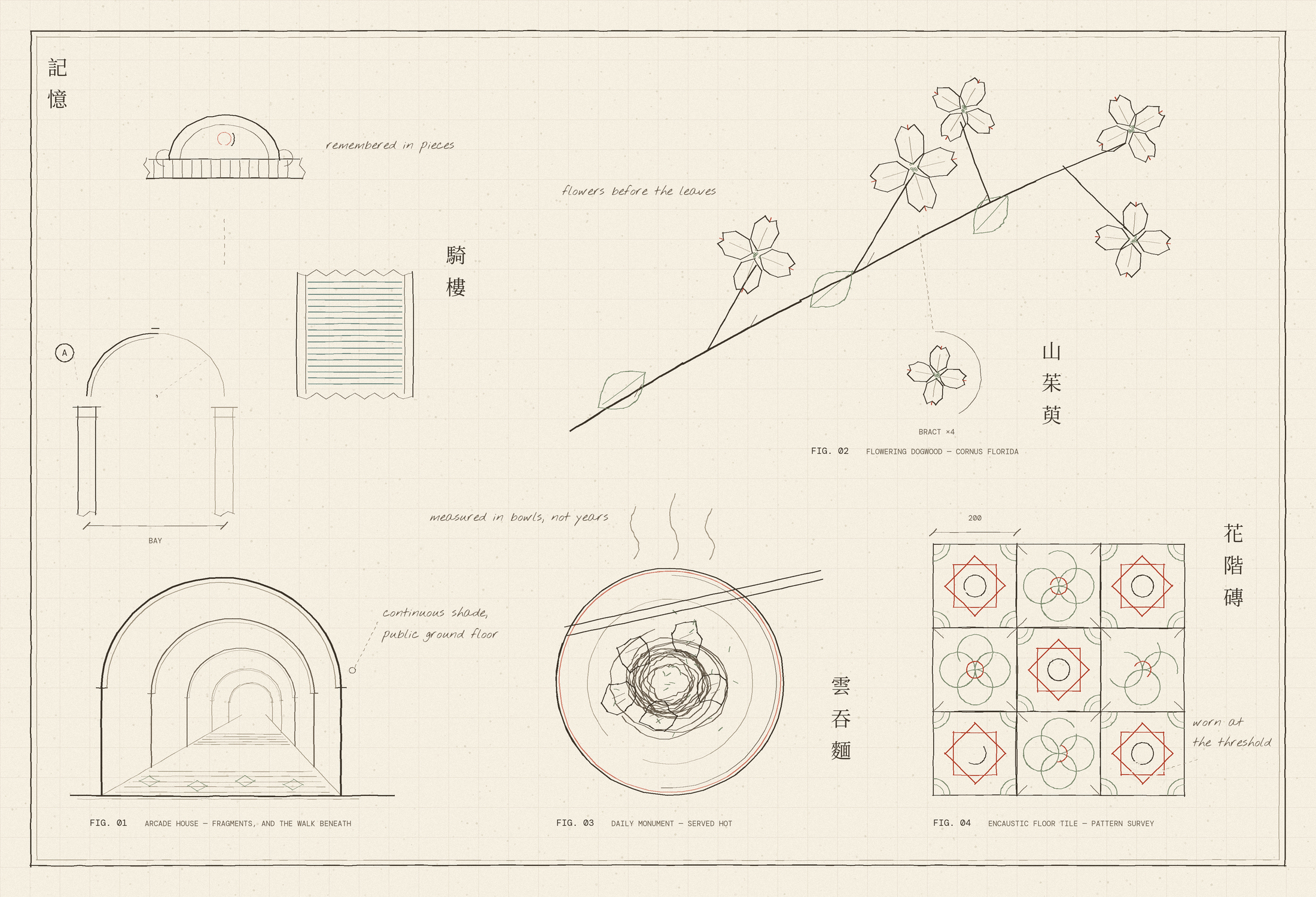 Field Memory — measured drawings of a life: an arcade house, a garden atrium, flowering dogwood, a bowl of wonton noodles, and encaustic floor tiles